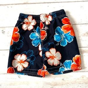 Boys 24m Swim Trunks Swimsuit Navy Blue Hawaiian Floral Flower Print 1989 Place